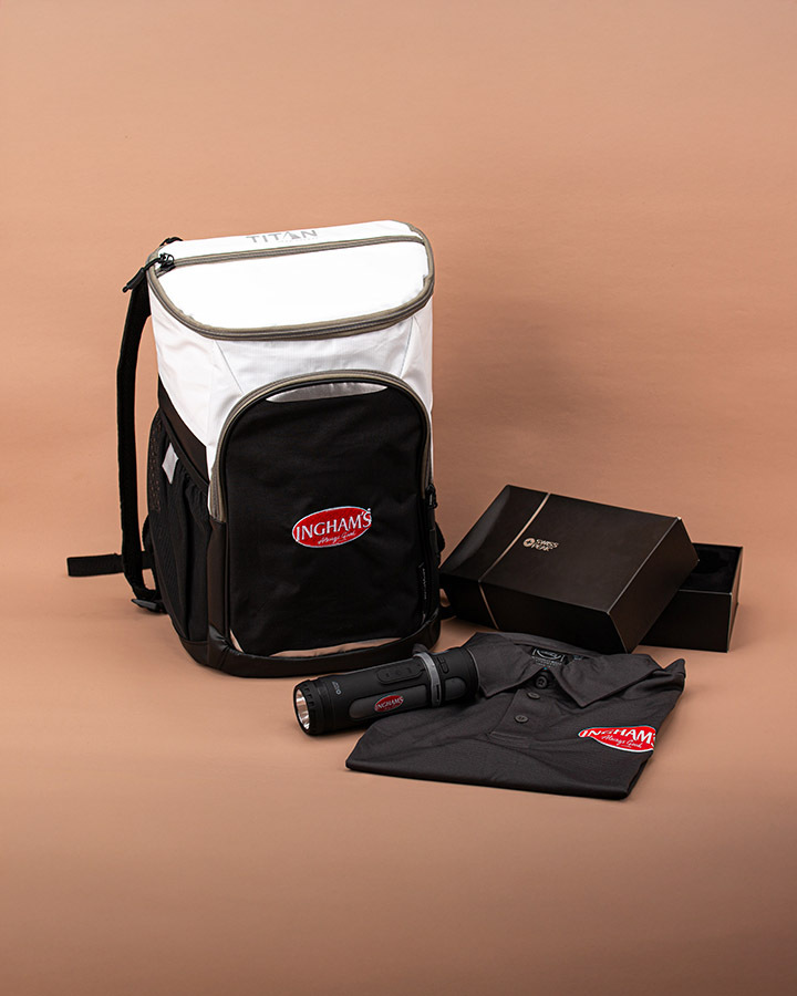 A backpack and other branded merchandise