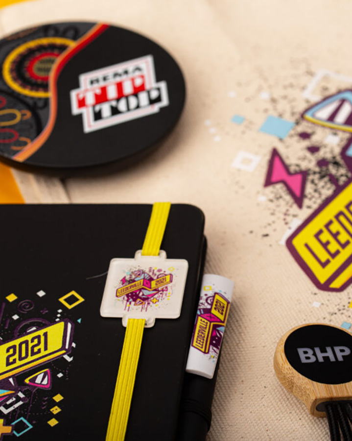 Close-up of a collection of promotional items