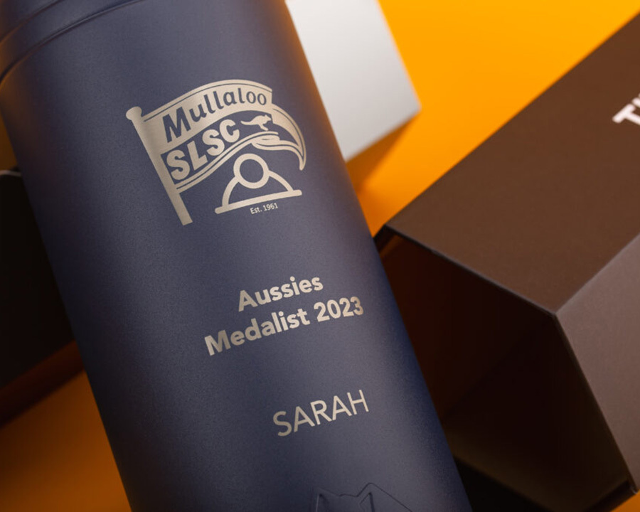 A close-up of an engraved water bottle