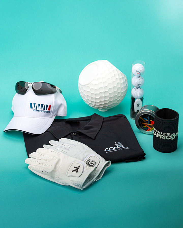 A collection of golf-related branded merchandise