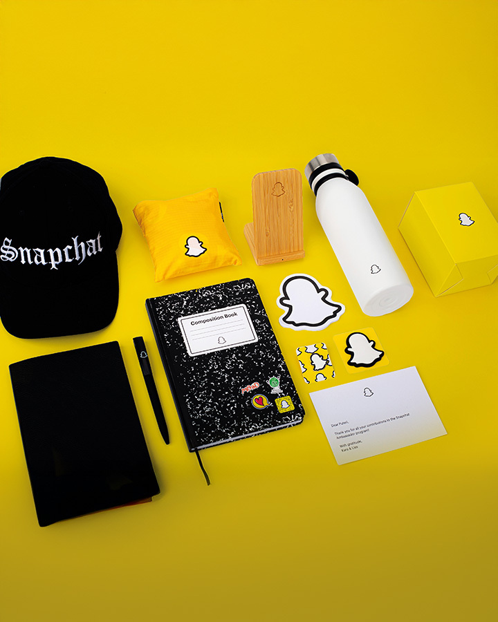 A collection of snapchat branded merchandise