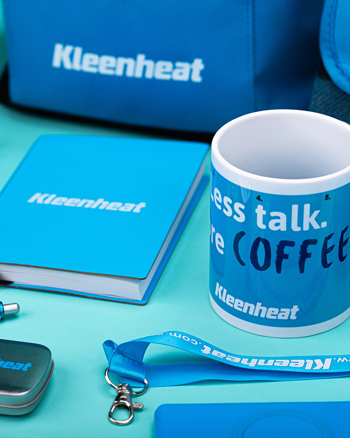 A collection of blue kleenheat promotional items