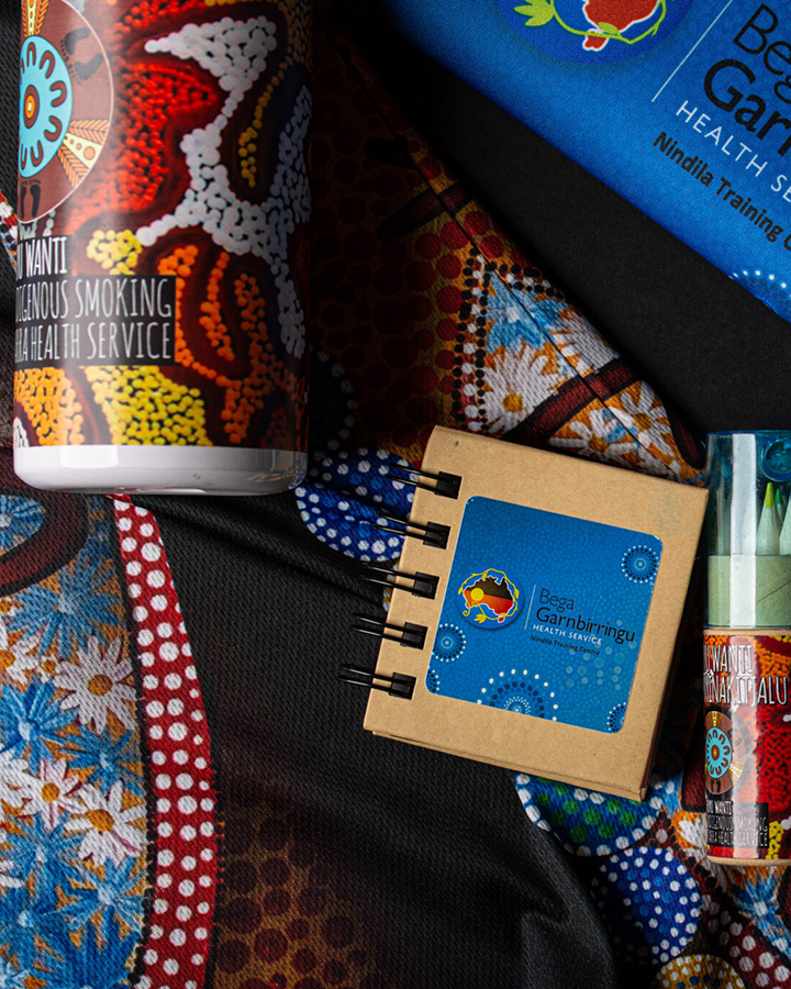A collection of bega garnbirrringu branded merchandise