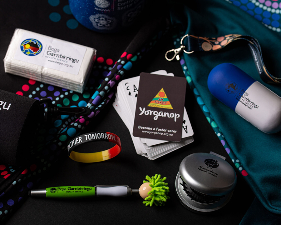 An assortment of branded merchandise