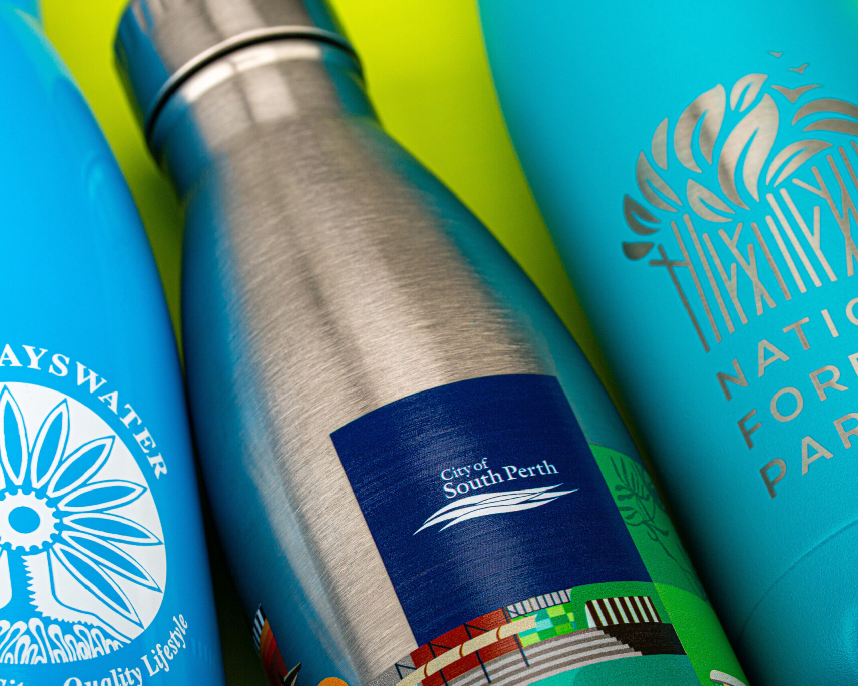 A close up of a city of south perth water bottle