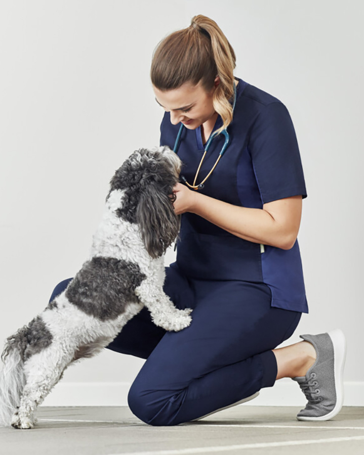 Woman in scrubs playing with dog