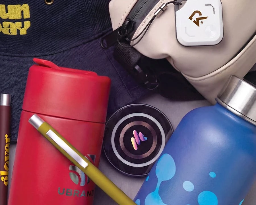 A close-up of various promotional merchandise