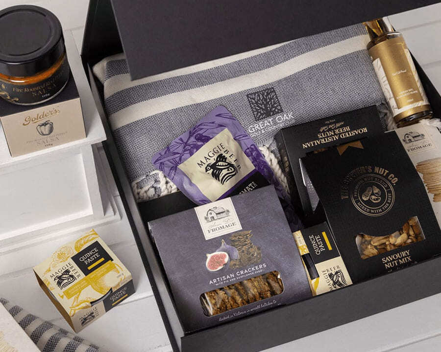 A close-up of the inside of a gourmet retreat gift pack