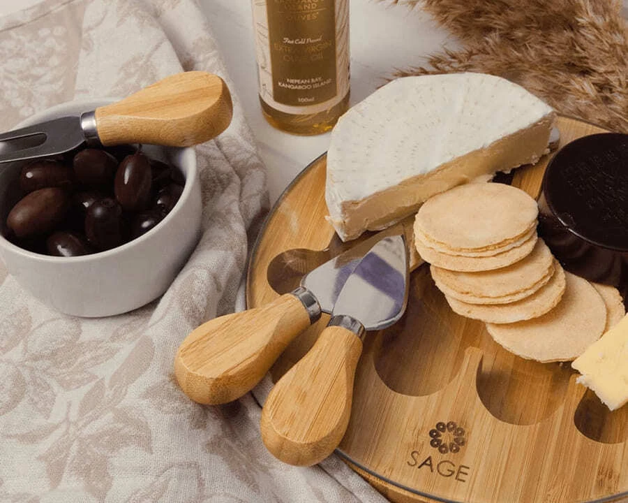 Close-up of a cheese and crackers from a custom gourmet nibbles gift pack