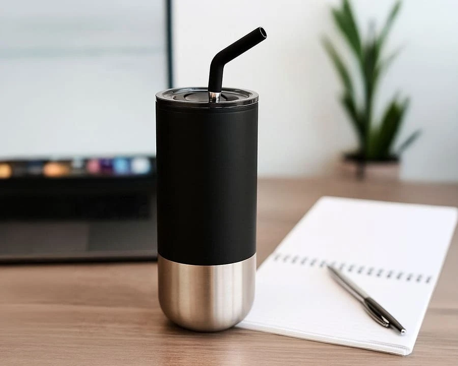 A black lagom 470ml tumbler sitting on a desk
