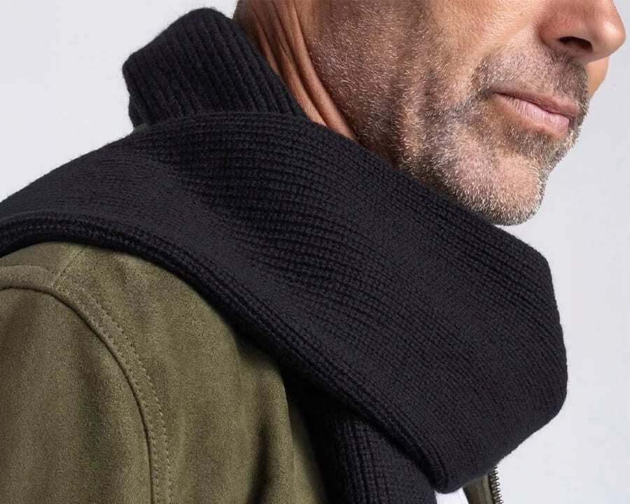 Close-up of a man wearing a barkers merino corporate scarf