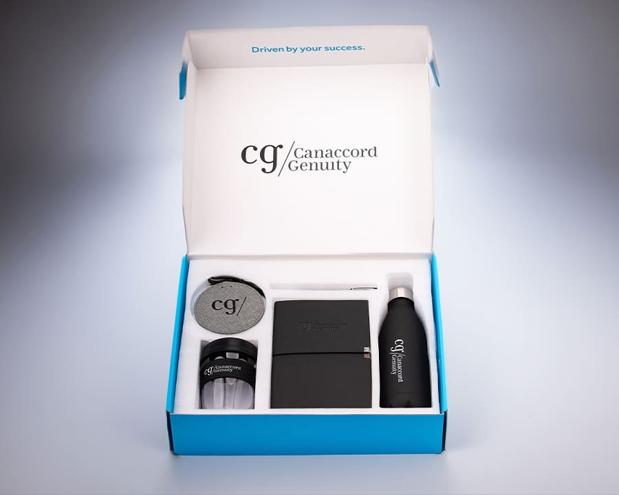 A gift box with branded merchandise for Canaccord Genuity