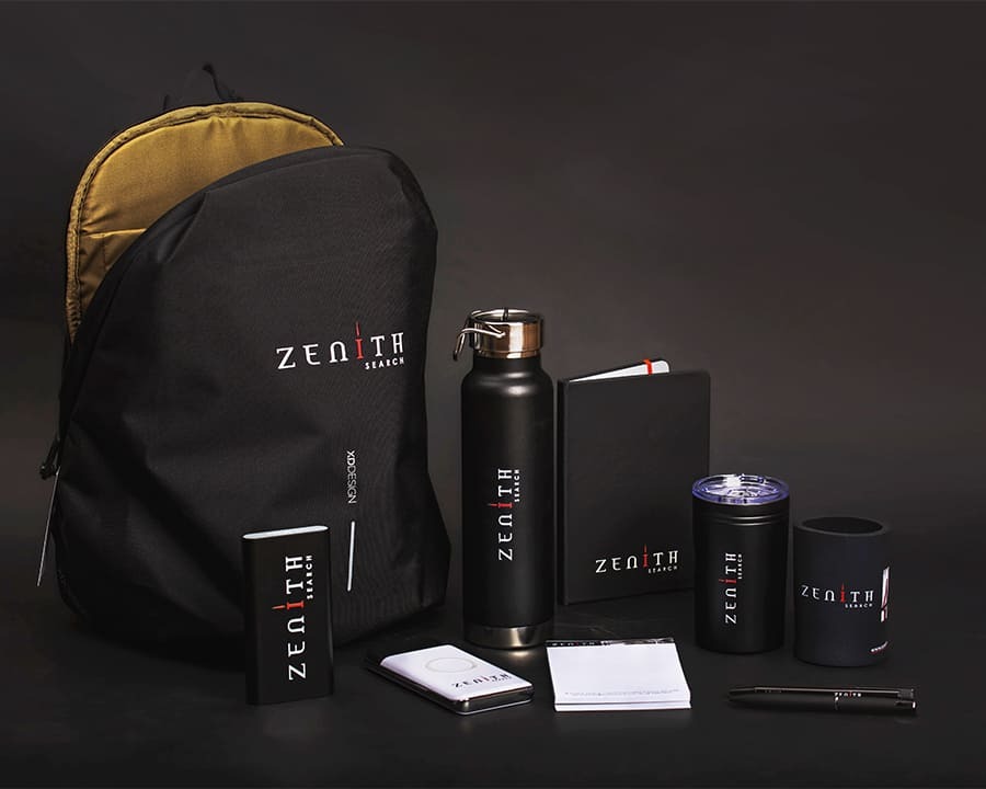 A collection of Zenith Search branded merchandise