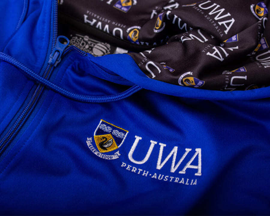 Close-up of a UWA branded hoodie