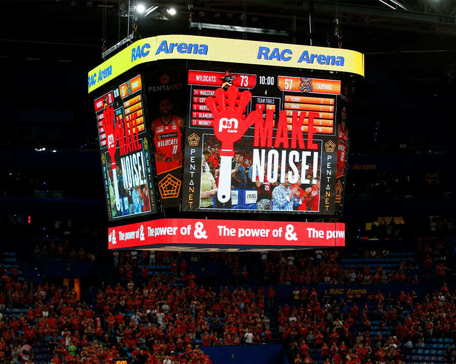 P&N Bank branded clappers shown on a jumbotron at RAC Arena