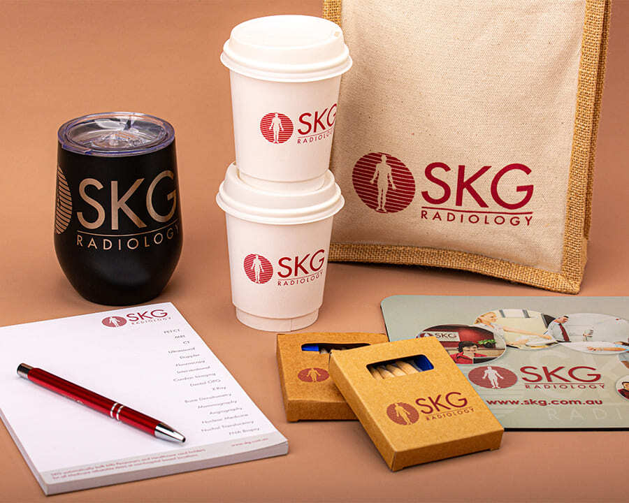 A collection of SKG Radiology branded merchandise