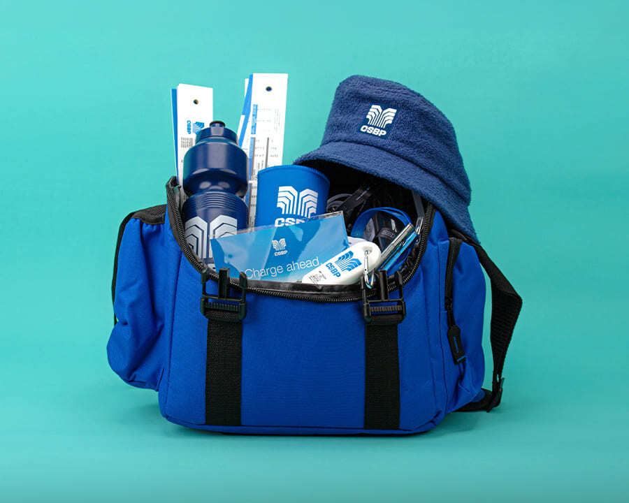 A bag filled with CBSP branded merchandise