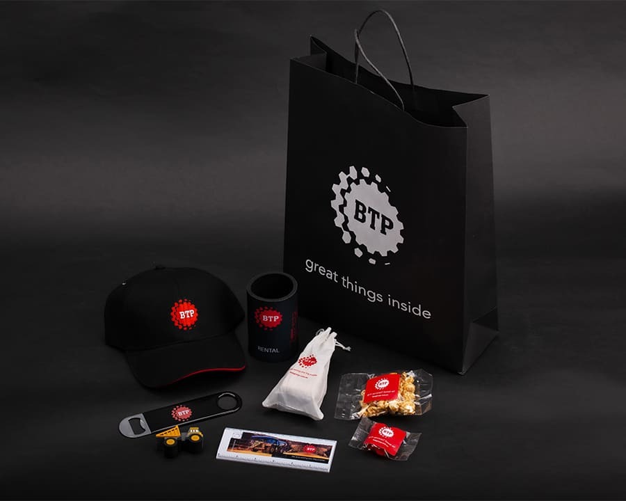 A collection of BTP branded merchandise