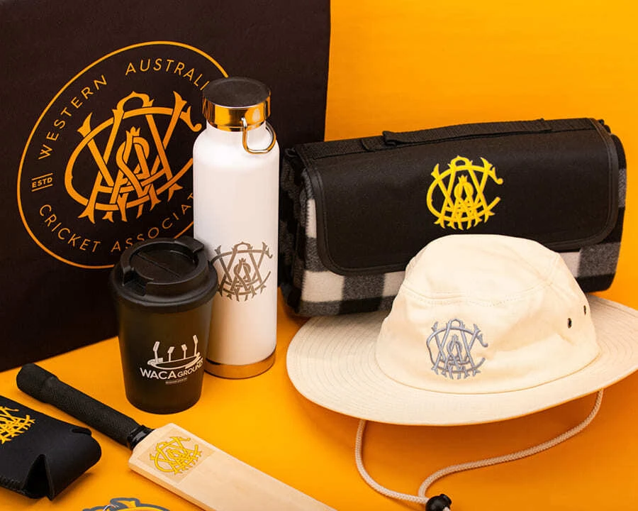 A collection of WACA branded merchandise