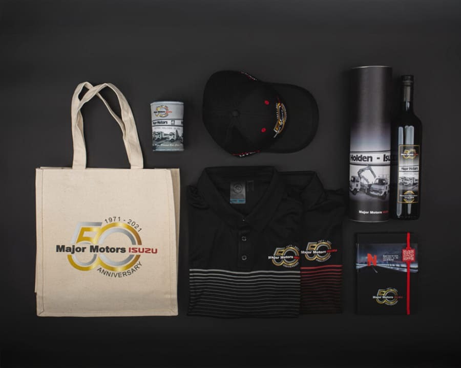 A collection of Major Motors branded merchandise