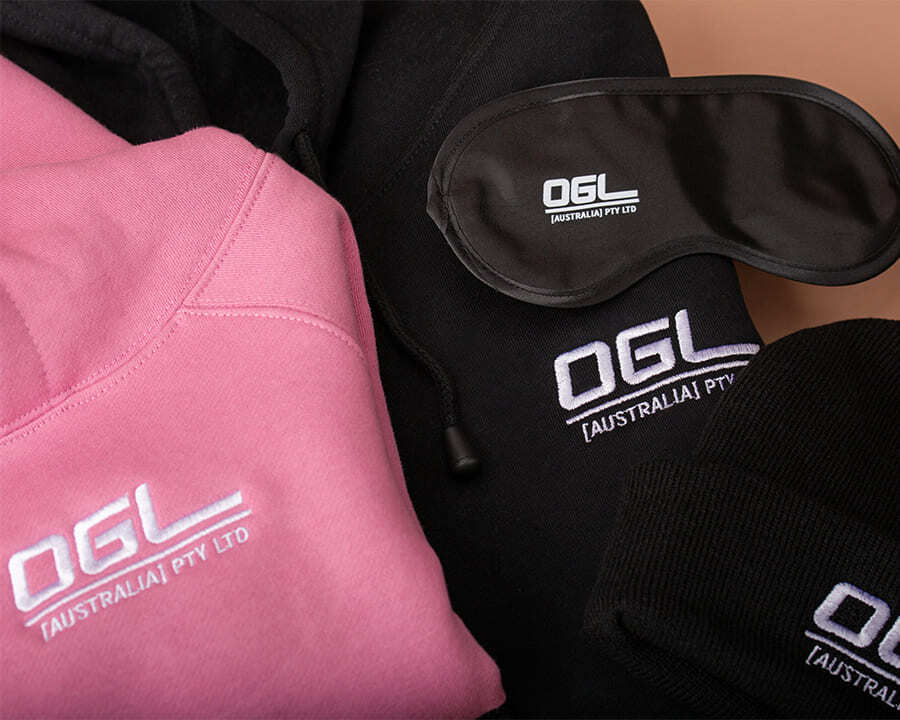 Close-up of OGL branded merchandise
