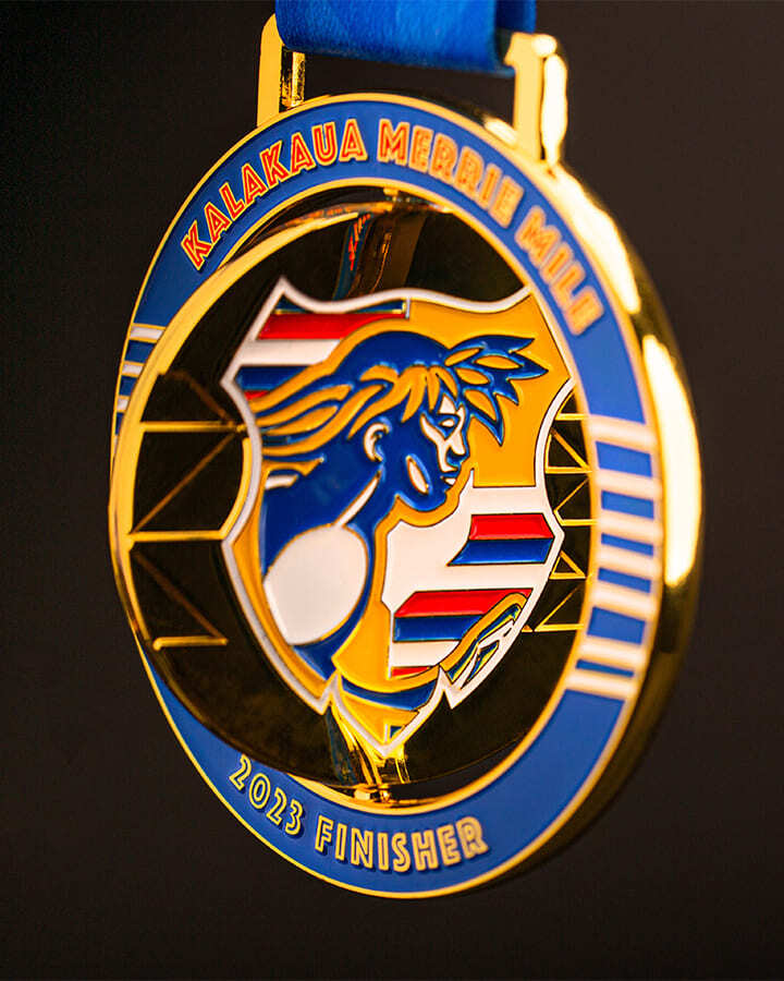 A blue and gold sports award medal