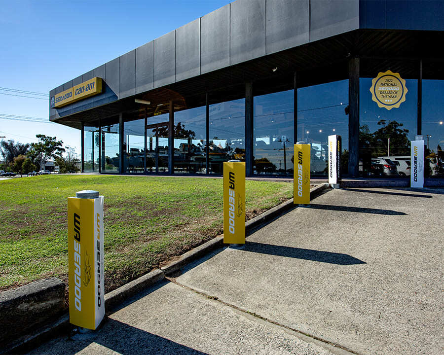 Signage around pillars for WA Seadoo's storefront