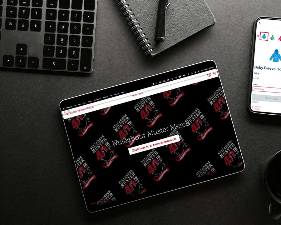 A tablet showing a branded online store for Nullarbor Muster Club
