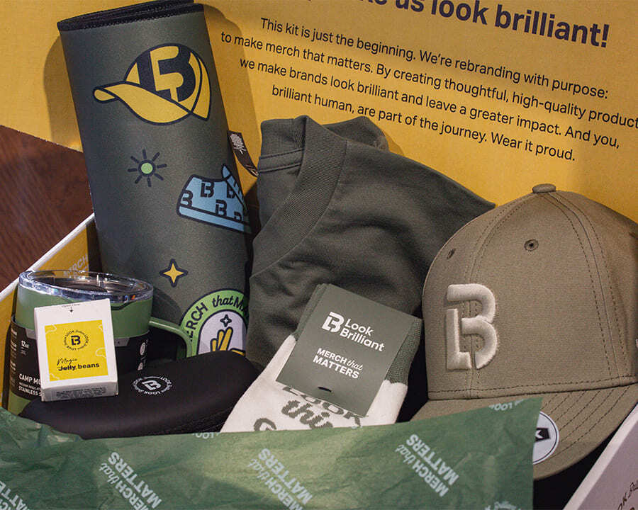 Close-up of Look Brilliant branded merchandise