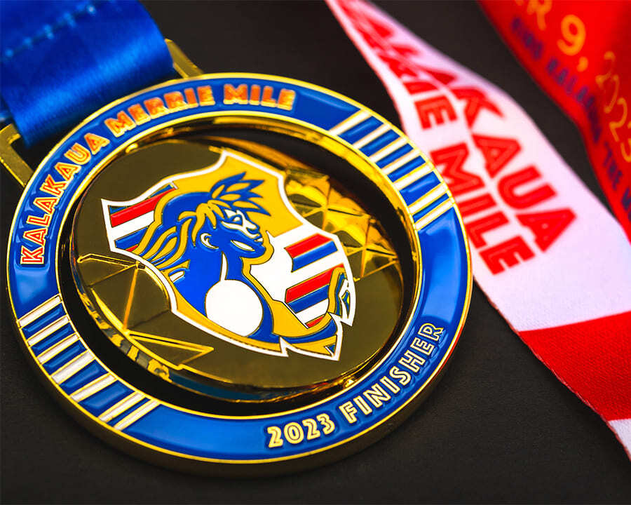 Close-up of a blue and yellow award medal
