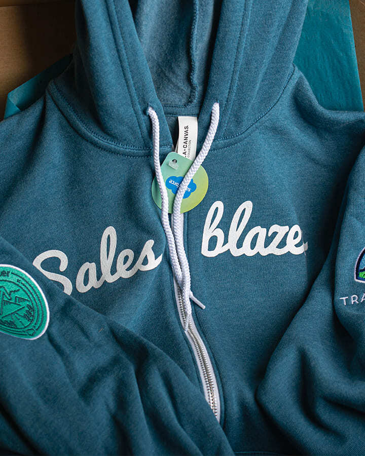 A blue Salesforce zipped hoodie