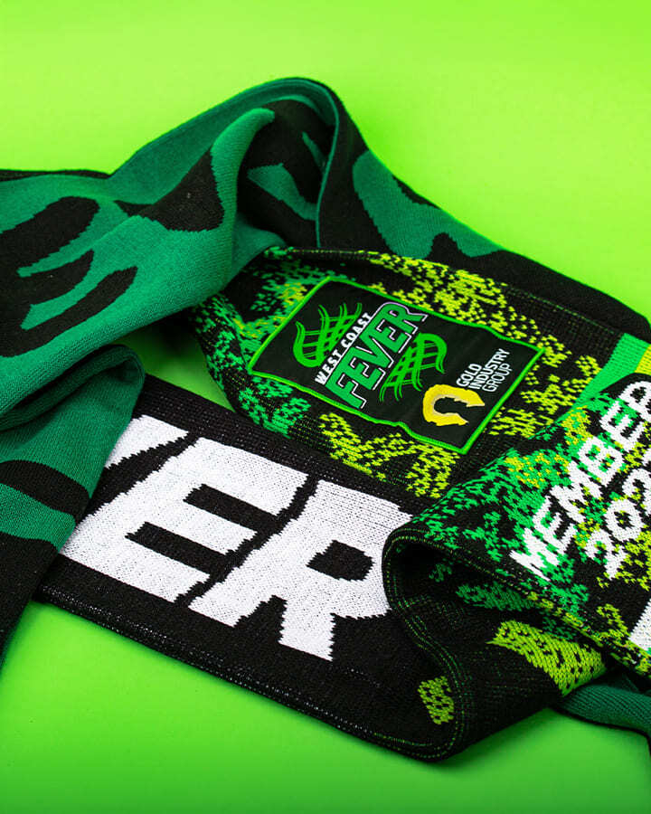 Close-up of a custom designed scarf for West Coast Fever
