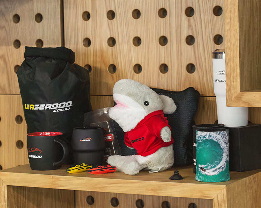 Close-up of branded merchandise