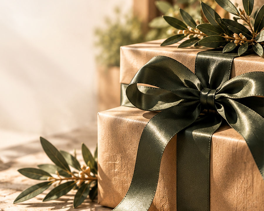 Close-up of a gift box with a mossy green ribbon