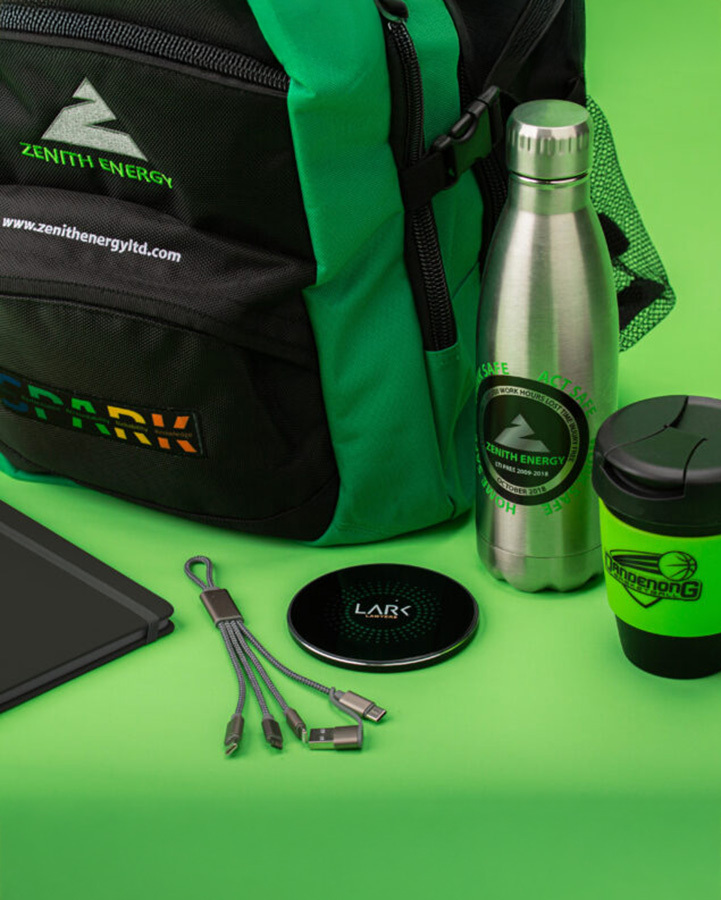A set of green branded merchandise