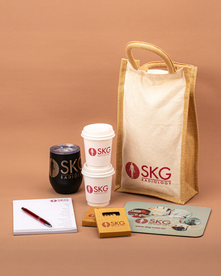 A collection of promotional items for skg