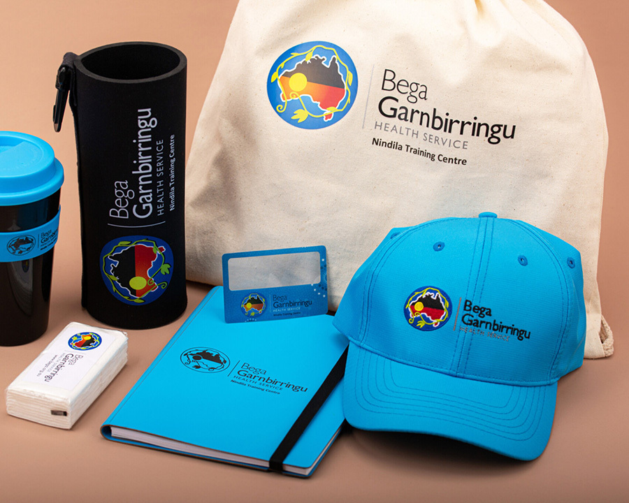 A collection of branded merchandise