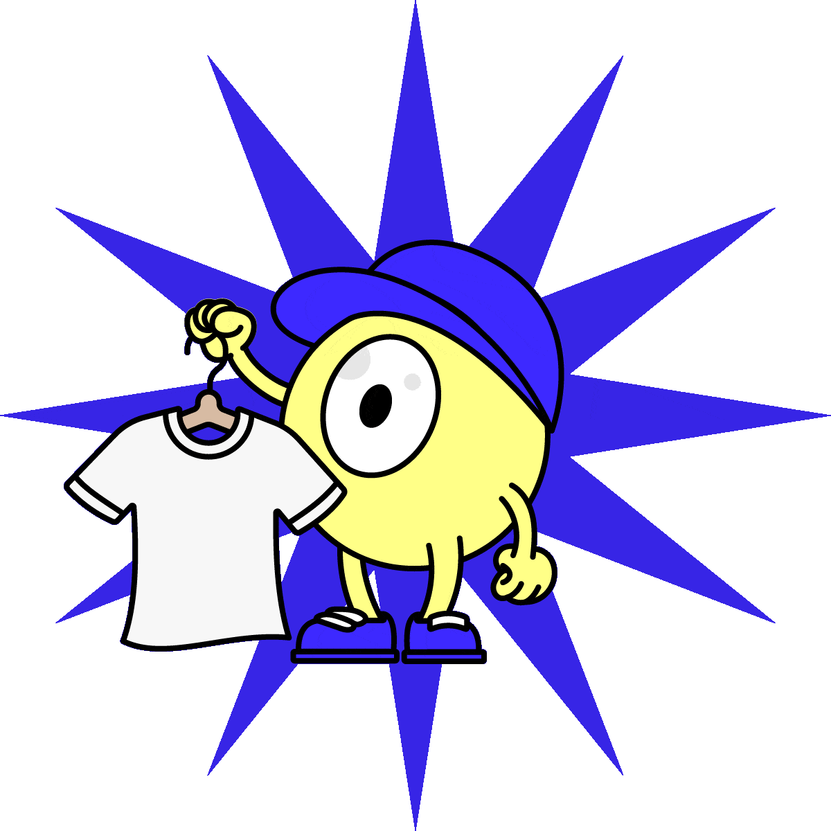 A round yellow character with one eye, wearing a blue cap and shoes, holds a white T-shirt on a hanger