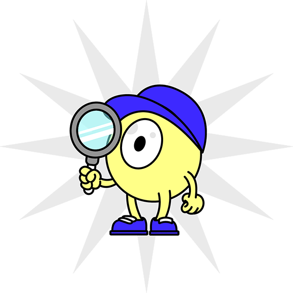 Cartoon character wearing a blue cap and shoes, holding a magnifying glass