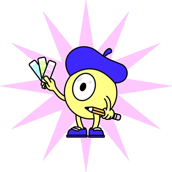 Cute, one-eyed yellow cartoon character, wearing a blue beret holding paint swatches and a pencil