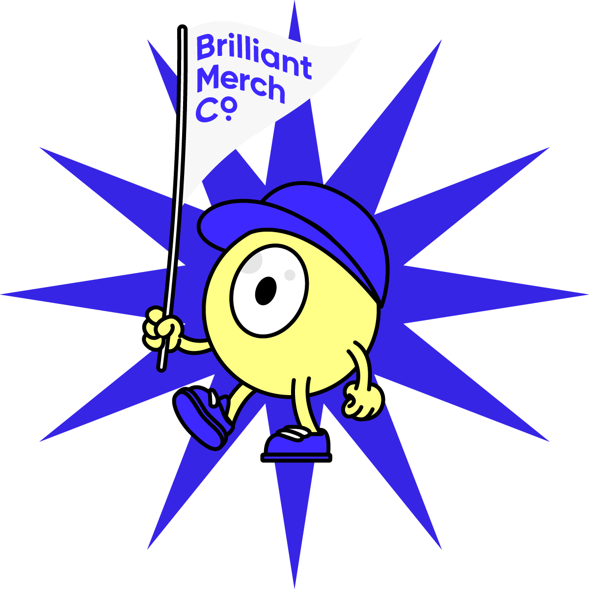 Cartoon character with a flag marching