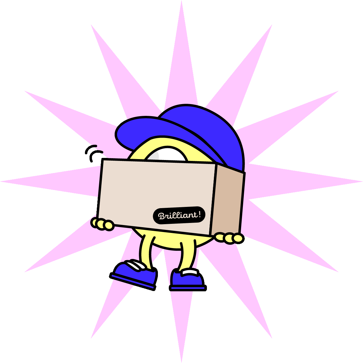 A pink cartoon character carrying a stack of boxes