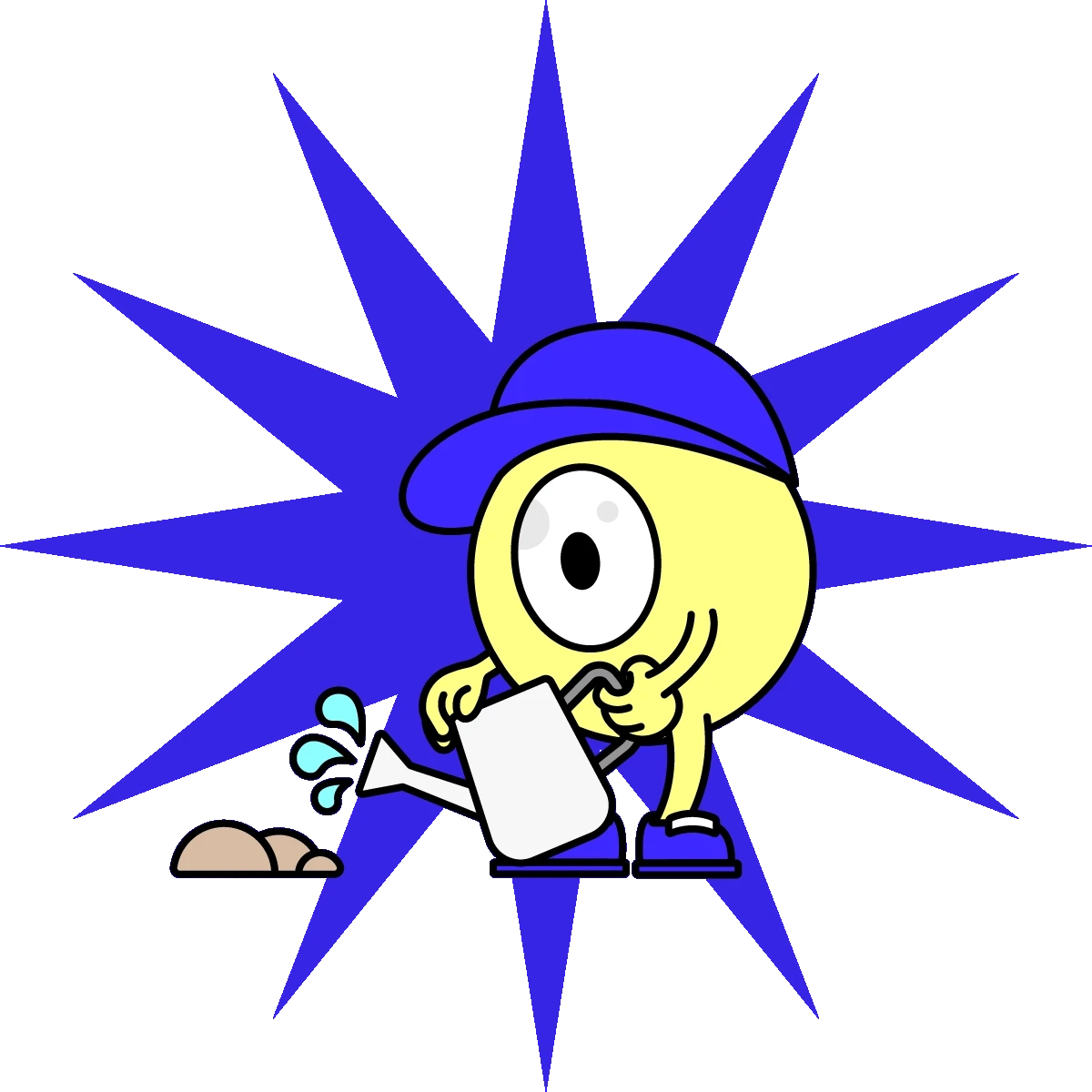 Cartoon character with a large eye, wearing a blue cap waters a small plant