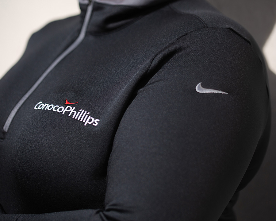 Close-up of embroidery on nike jacket