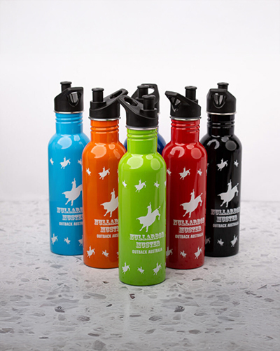 A collection of vibrant water bottles with black lids, showcasing a variety of colours and designs