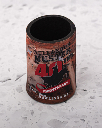 A close-up of a commemorative stubby holder