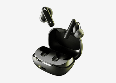 Sleek black wireless earbuds and an open charging case