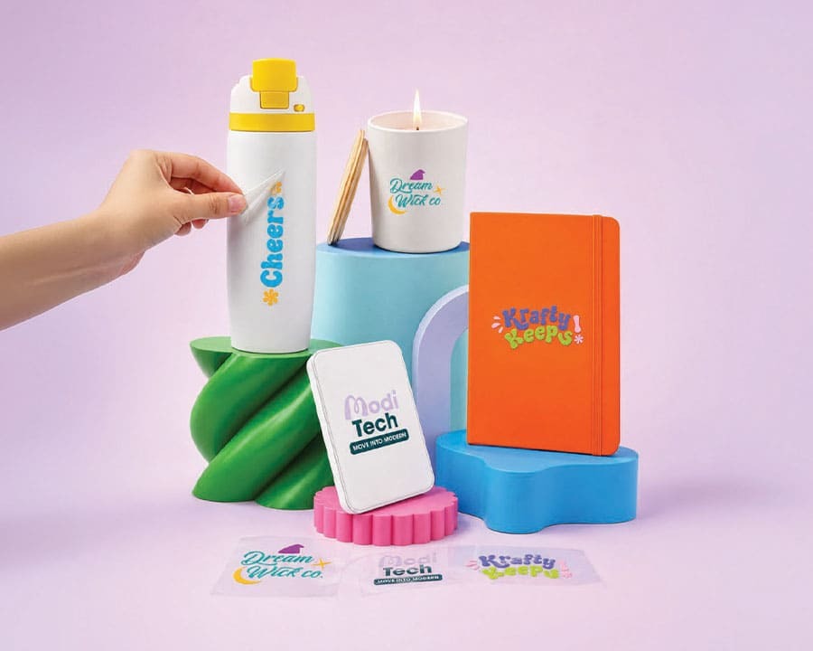 A collection of promo merch items