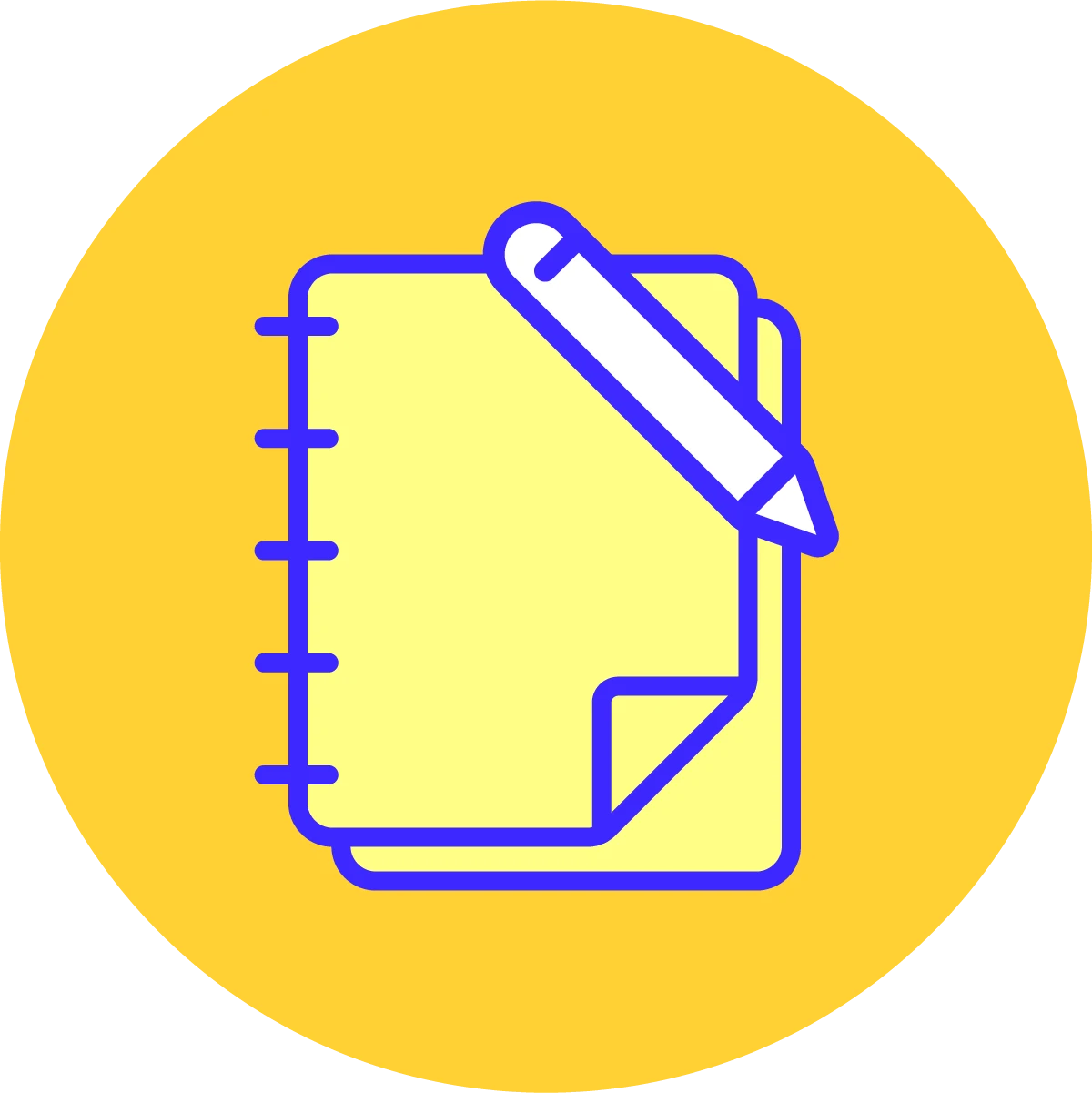 Yellow notebook and pen icon on an orange background