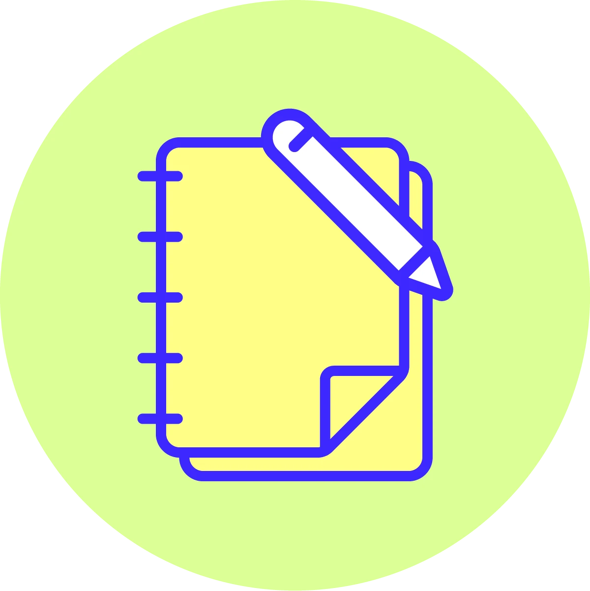 Yellow notebook and pen icon on a green background